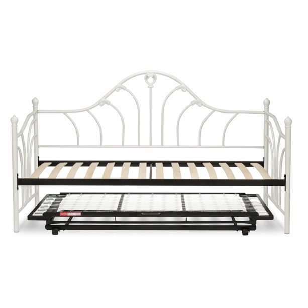 Leggett & Platt Emma Complete Metal Daybed with Euro Top Spring Support Frame and Pop-Up Trundle Bed, Antique White Finish, Twin.
