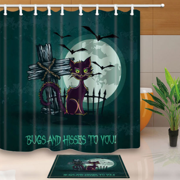 Halloween shower curtain with purple cat