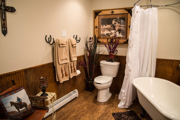 rustic corrugated metal wainscoting in a Wild West bathroom interior