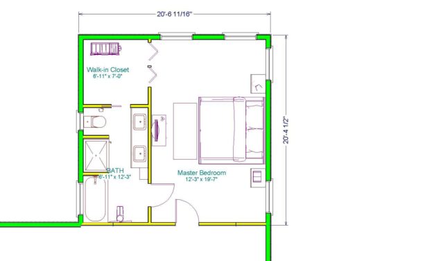 the complete floor plan of a 20’ x 20’ master bedroom extension