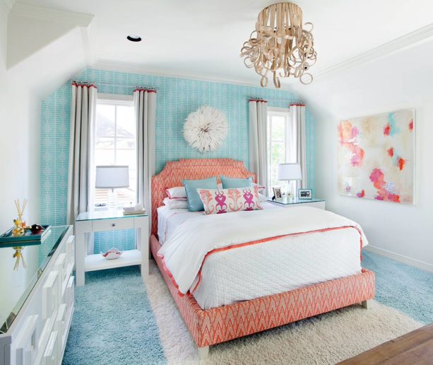 a coral and blue themed transitional bedroom with underwater feel