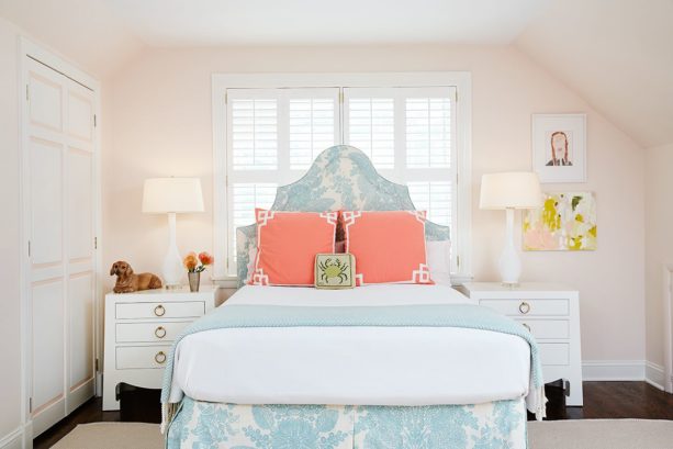 a sweet look in a girl’s room with coral, soft blue, and soft pink color theme