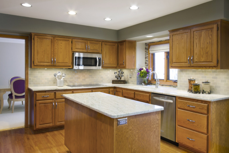 light grey kitchen walls with oak cabinet