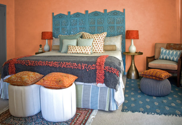 coral and blue theme in an Indian bedroom