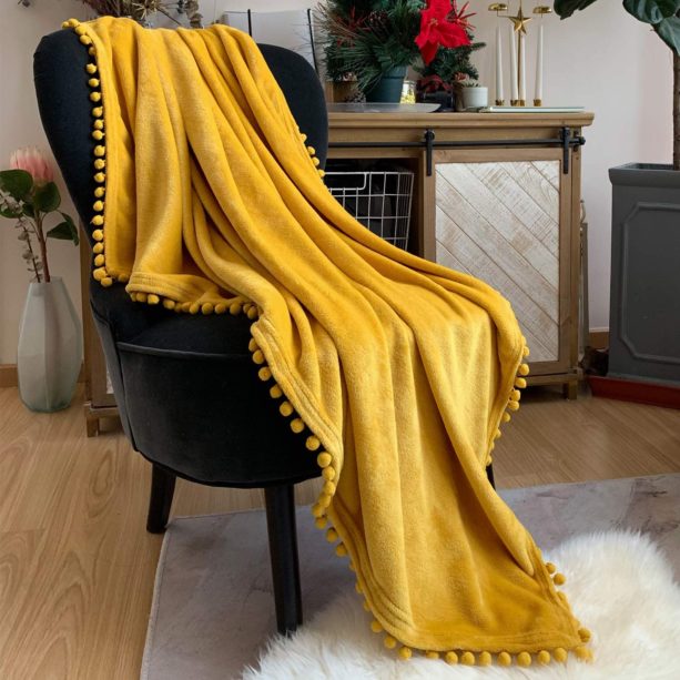 LOMAO mustard yellow pompom throw blanket for bedroom