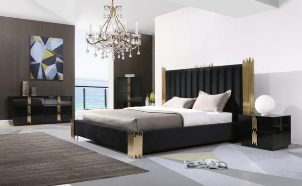a set of modern bedroom furniture with black and gold theme