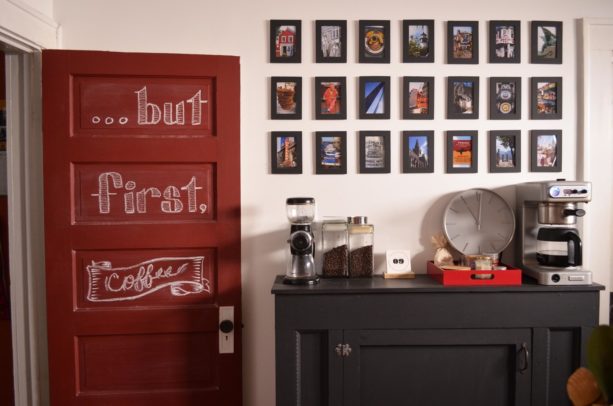 gorgeous combination between a black coffee station and a berry red kitchen door
