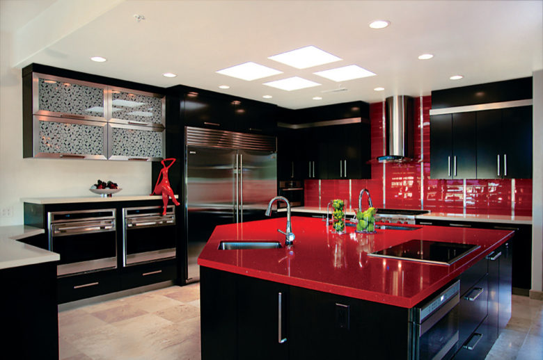 The Combination Between Black Cabinets And Island With Glossy Red Countertops And Tiled Backsplash 780x518 