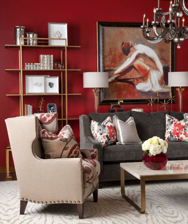 beige, grey, and dark red combo is a traditional living room