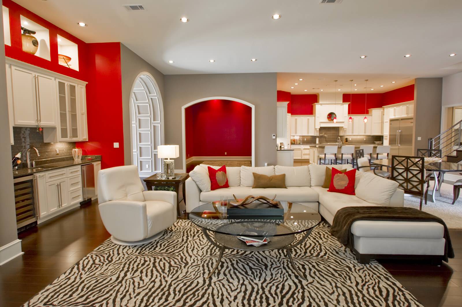 grey red blue living room
