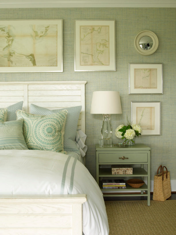 a beach-style bedroom with pastel green, gray, and ivory white color combination