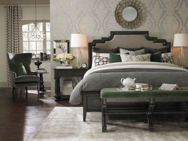 the use of basil green accents for creating an even more elegant gray bedroom