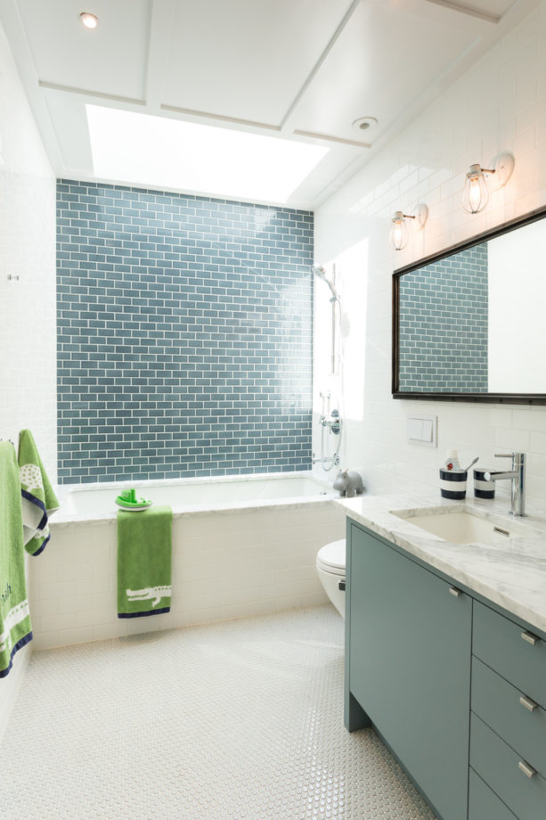 a contemporary bathroom with teal blue tile and white wall to achieve a minimalist look