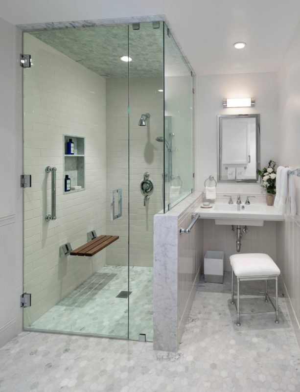 a mid-sized without tub master bathroom with grey floor