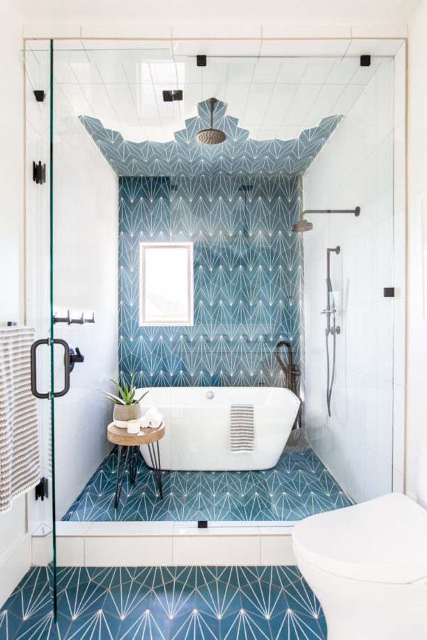a modern bathroom gives a unique look with jamestown blue and white patterned flooring