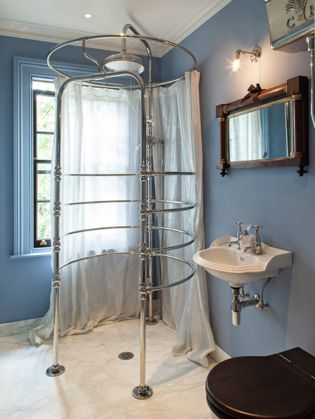 gorgeous victorian marble floor master bathroom with blue walls and without tub