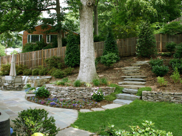 ideas of retaining wall and stone path in steep slope backyard