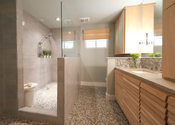 the stunning master bathroom with porcelain mosaic tiles and without tub