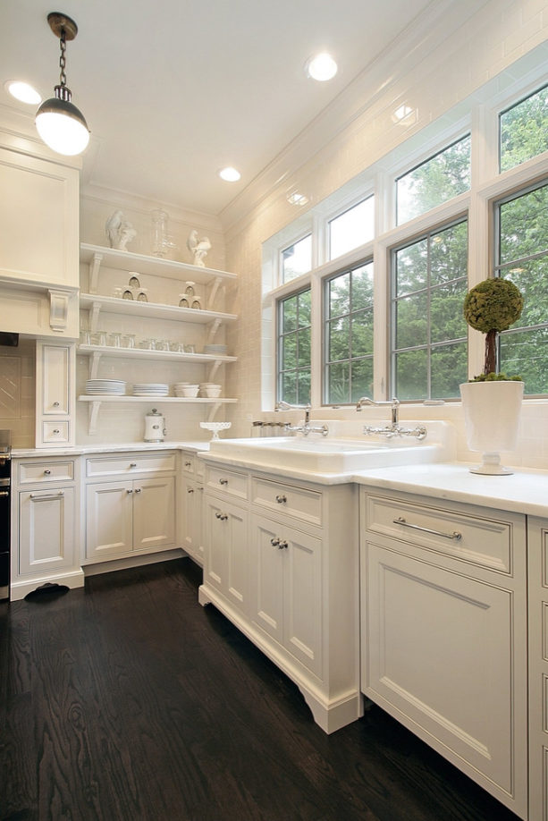inset white floor to ceiling cabinets with open shelving design