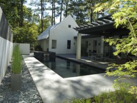 a minimalist backyard with stamped concrete around a rectangular pool