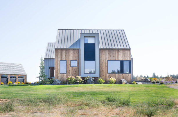 modern aesthetic house with color combination of zinc gray metal roof and vertical cedar siding