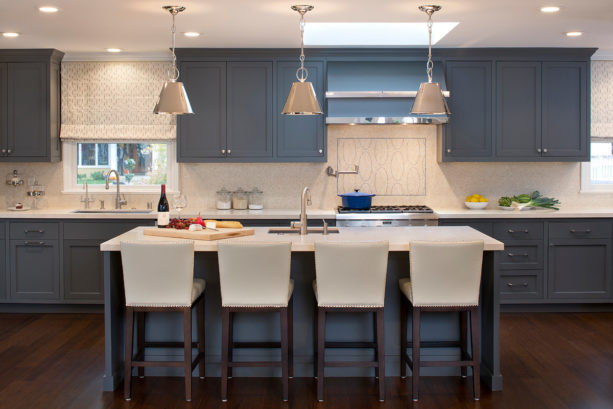 blue gray color kitchen cabinets with dark stain oak floor