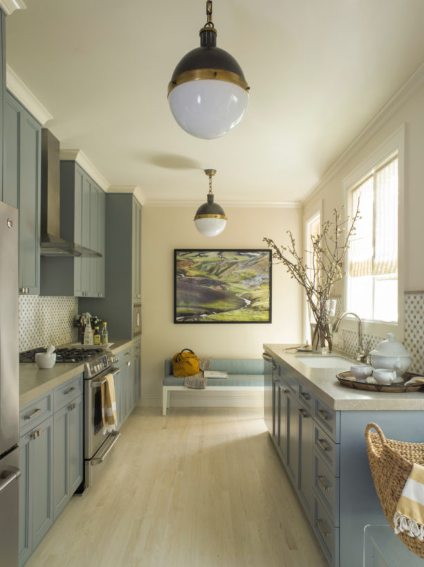 cookham blue gray kitchen cabinets with limestone countertops