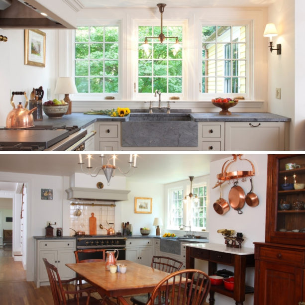 country style kitchen with a farmhouse sink and casement windows over