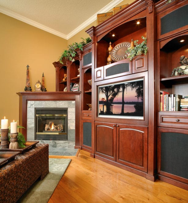 custom wood wall unit with corner fireplace