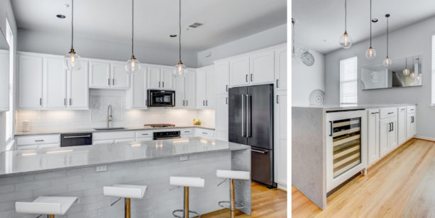 gray caesarstone quartz countertops kitchen peninsula with adjustable stools seating