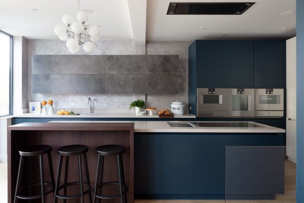 hague blue gray kitchen cabinets color on a light wood floor