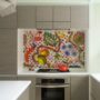 laminated fabric backsplash behind stove only in an eclectic kitchen