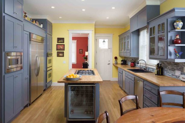 trout blue gray kitchen cabinets with yellow walls