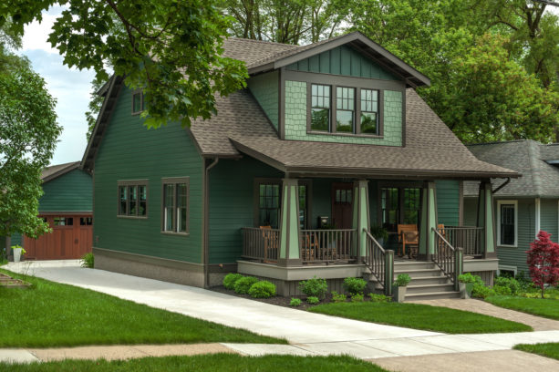 craftsman style green house with dark brown trim