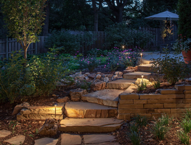 halogen outdoor lighting in a traditional style stone stair