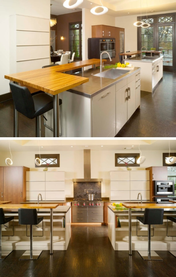 mirror-imaged dual two-level kitchen island with zebrawood bar tops