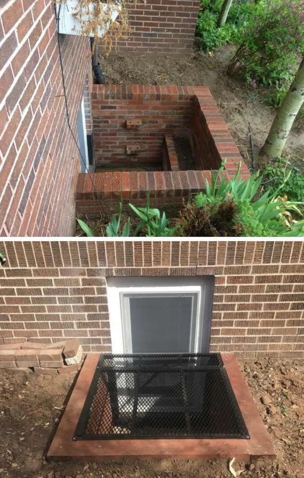 red brick basement window well with black cover