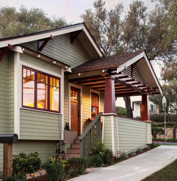 three-colored front porch ideas with a roof extension for a ranch style home