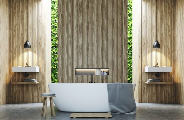 zen bathroom with vertical wood slat wall as a panel