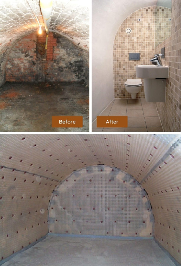 adding a bathroom to a damp barrel-vaulted basement of an old house