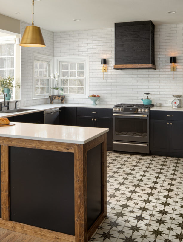 ceramic black and white kitchen floor for a mid-century modern style
