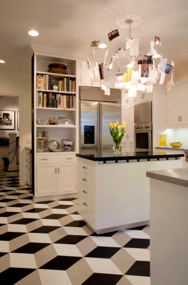 congoleum vinyl black, white, and gray kitchen floor with a geometric pattern