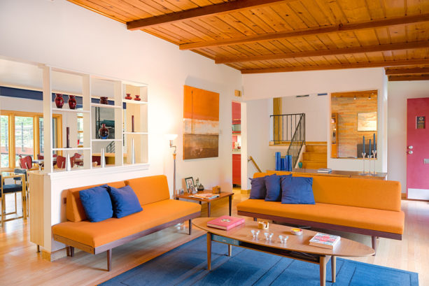 modern living room equipped with a vigorous orange couch and bold blue throw pillows