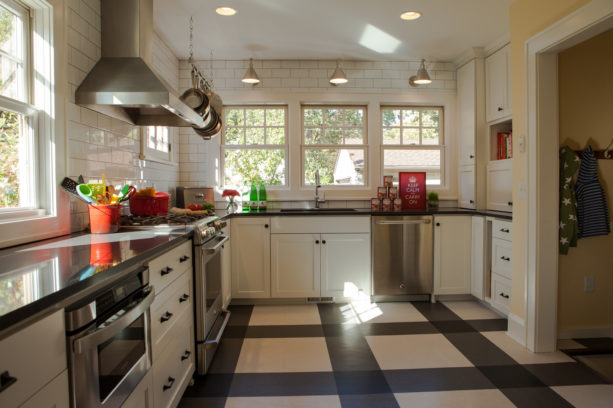 plaid black and white floor made of vct in a traditional kitchen