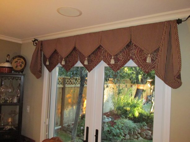bold pattern valence window treatment for a french door to a patio