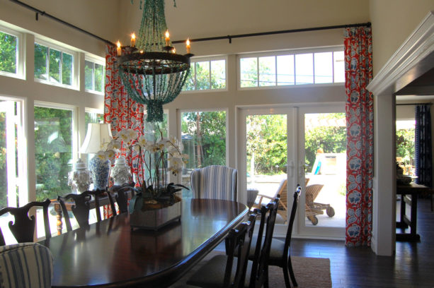 bright patterned curtain as a window treatment for french doors to a patio