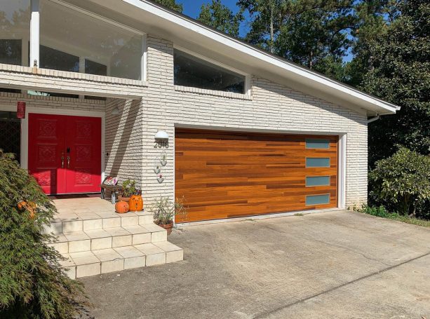 cedar wood mid-century garage doors with vertical window panes