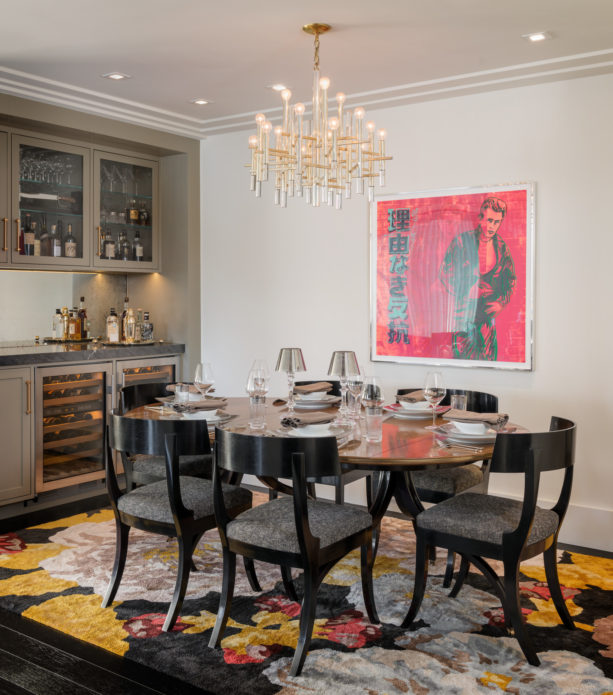 classic dining room with modern home bar and gray cabinet
