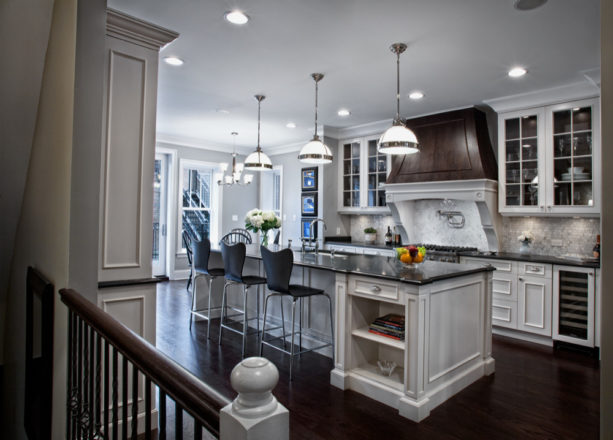 dark stained white oak kitchen floors and super white ceiling