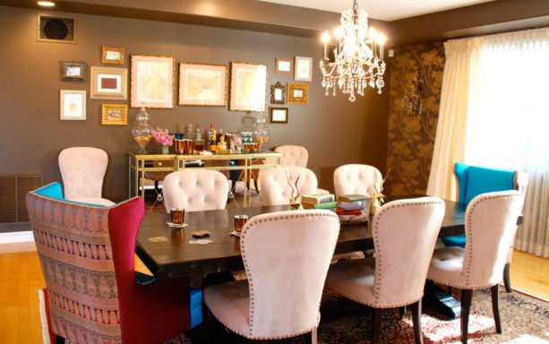 eclectic dining room with a console table bar to save more space